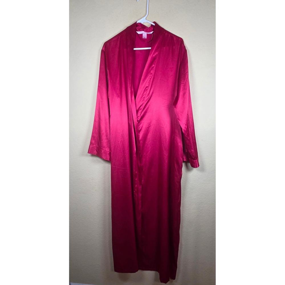 Victoria Secret Fuchsia Pink Satin Maxi Robe Long Sleeve M/L kimono lounge READ - Picture 1 of 7